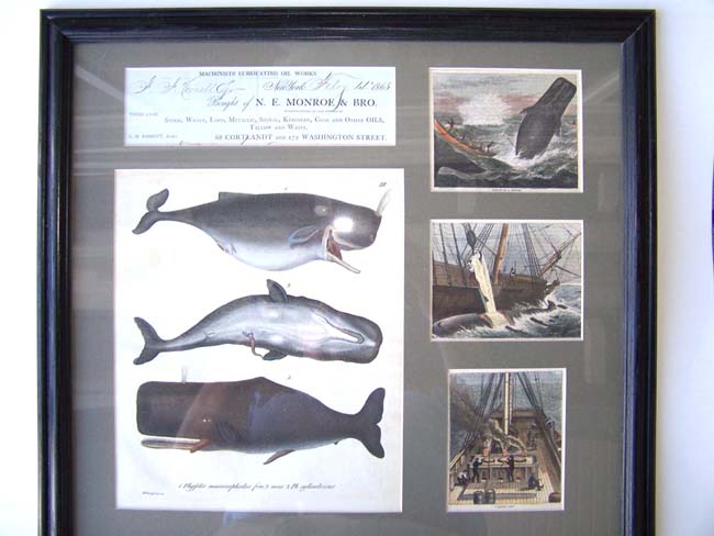 A framed grouping of 19th century Whaling related items